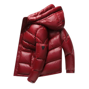 Jaqueta puffer masculina com capuz removível e acabamento brilhante com enchimento em pluma para inverno frio