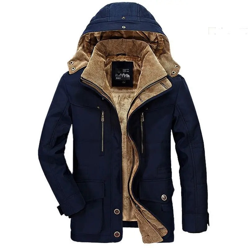 Parka masculina bege premium com forro térmico flanelado e capuz removível para inverno.