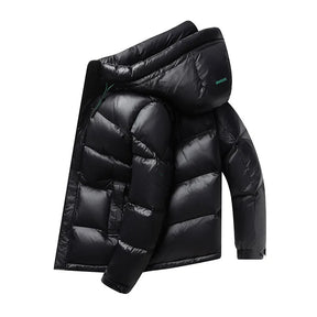 Jaqueta puffer masculina com capuz removível e acabamento brilhante com enchimento em pluma para inverno frio