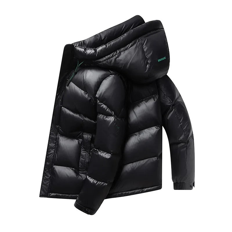 Jaqueta puffer masculina com capuz removível e acabamento brilhante com enchimento em pluma para inverno frio