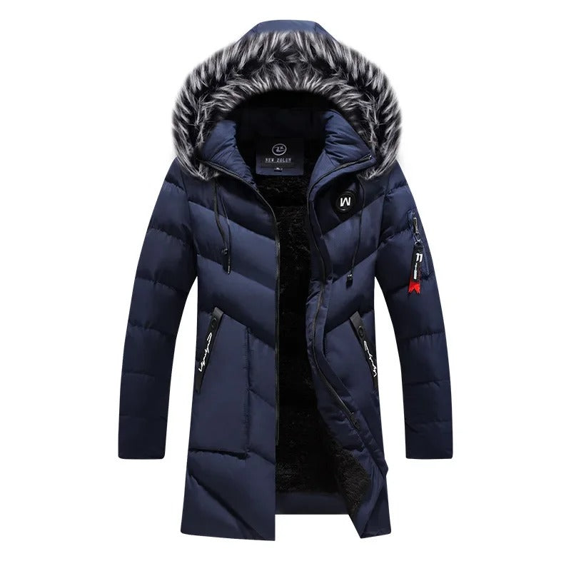 Parka masculina azul-marinho longa com capuz peluciado e forro térmico premium para inverno.