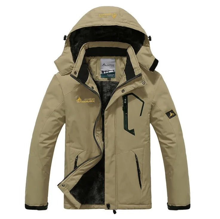 Jaqueta masculina vermelha e cinza com interior peluciado térmico e capuz para inverno e aventuras outdoor.