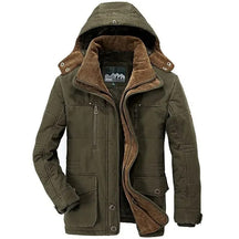 Parka masculina bege premium com forro térmico flanelado e capuz removível para inverno.