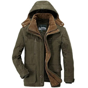 Parka masculina bege premium com forro térmico flanelado e capuz removível para inverno.