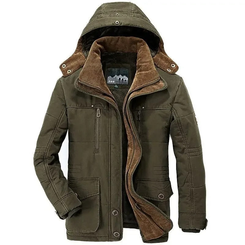 Parka masculina bege premium com forro térmico flanelado e capuz removível para inverno.