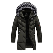 Parka masculina azul-marinho longa com capuz peluciado e forro térmico premium para inverno.