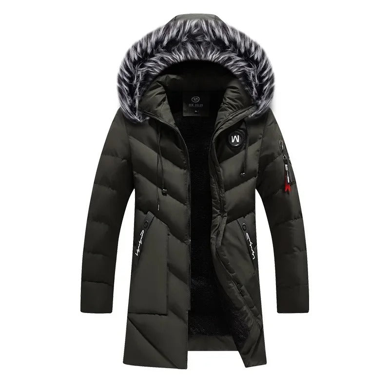 Parka masculina azul-marinho longa com capuz peluciado e forro térmico premium para inverno.