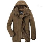 Parka masculina bege premium com forro térmico flanelado e capuz removível para inverno.