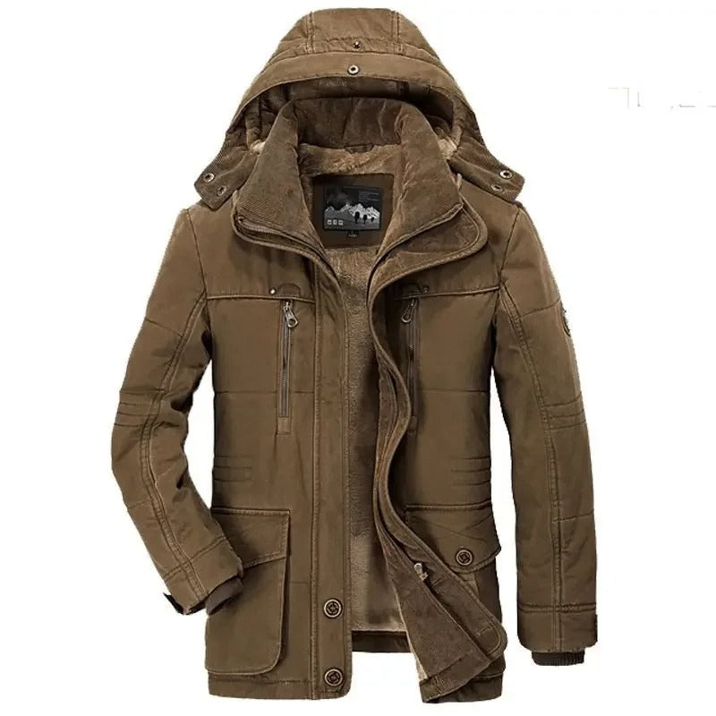Parka masculina bege premium com forro térmico flanelado e capuz removível para inverno.