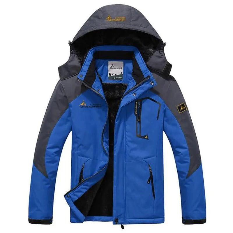 Jaqueta masculina vermelha e cinza com interior peluciado térmico e capuz para inverno e aventuras outdoor.