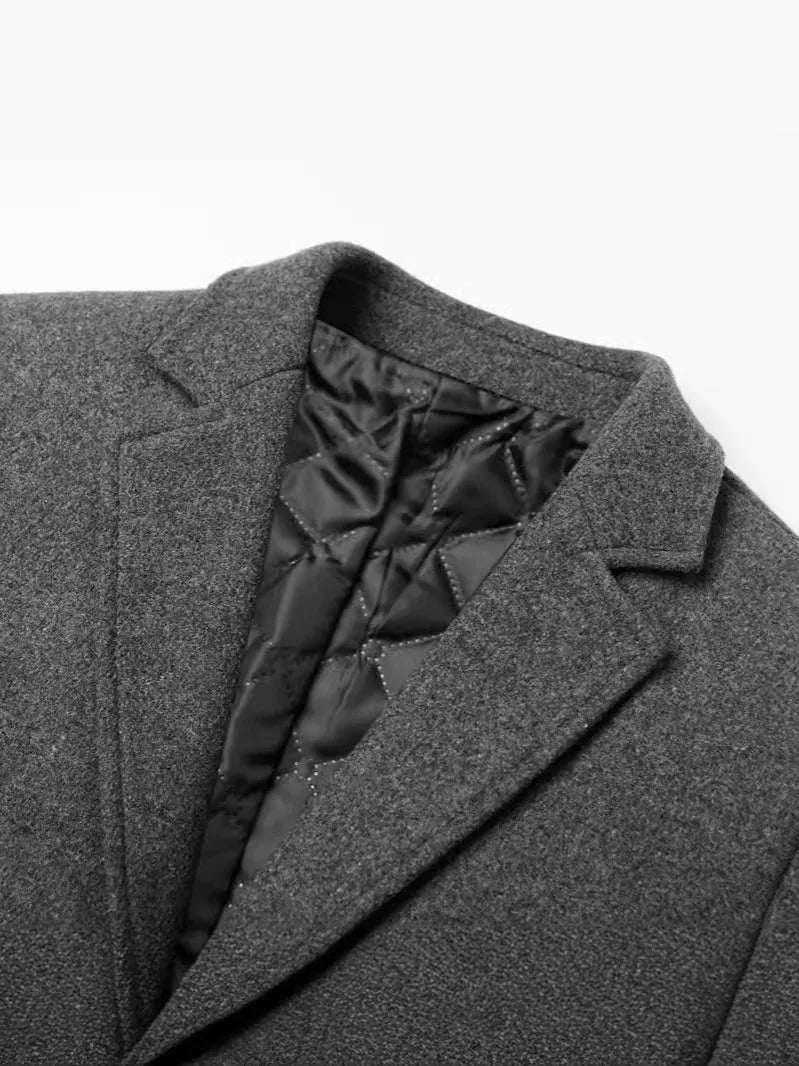 Sobretudo masculino slim premium com forro térmico acolchoado, design elegante e comprimento alongado para inverno