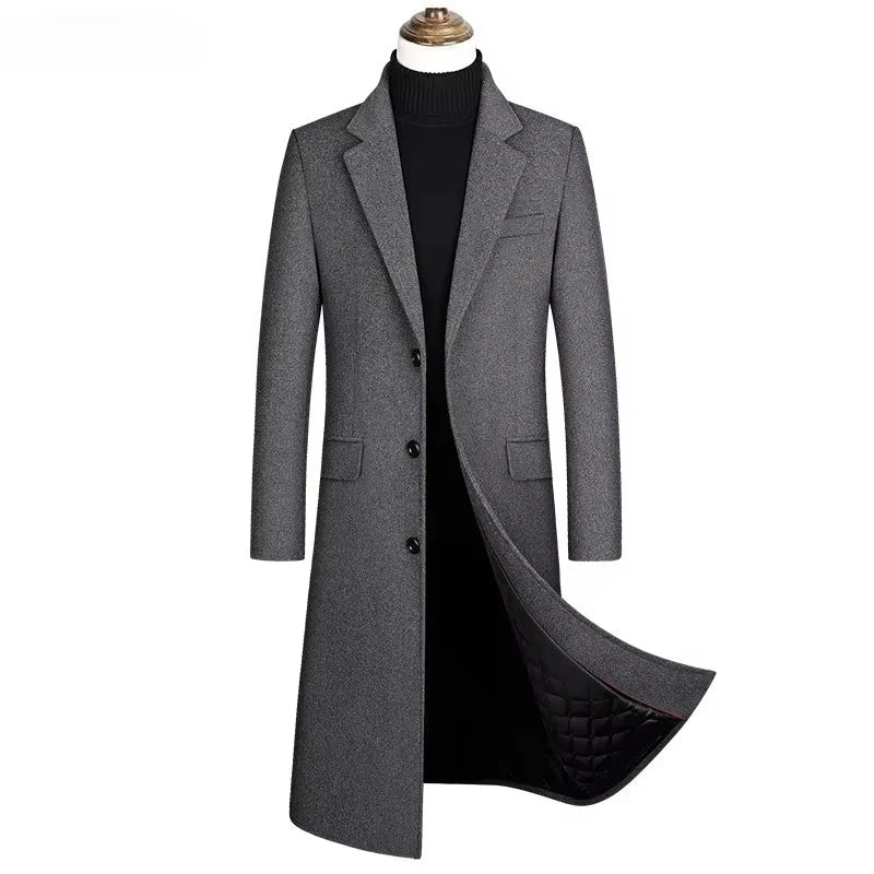 Sobretudo masculino slim premium com forro térmico acolchoado, design elegante e comprimento alongado para inverno