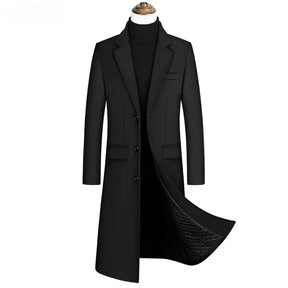 Sobretudo masculino preto slim premium com forro térmico acolchoado, design elegante e comprimento alongado para inverno