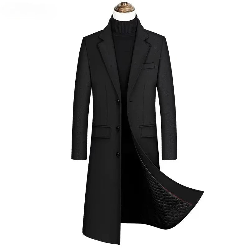 Sobretudo masculino preto slim premium com forro térmico acolchoado, design elegante e comprimento alongado para inverno