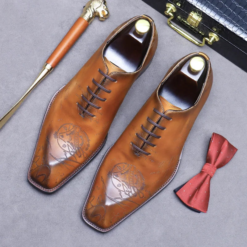 Sapato social Oxford masculino premium com gravação artística exclusiva e acabamento sofisticado de luxo