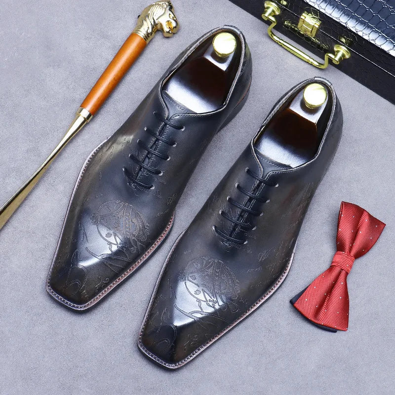 Sapato social Oxford masculino premium com gravação artística exclusiva e acabamento sofisticado de luxo