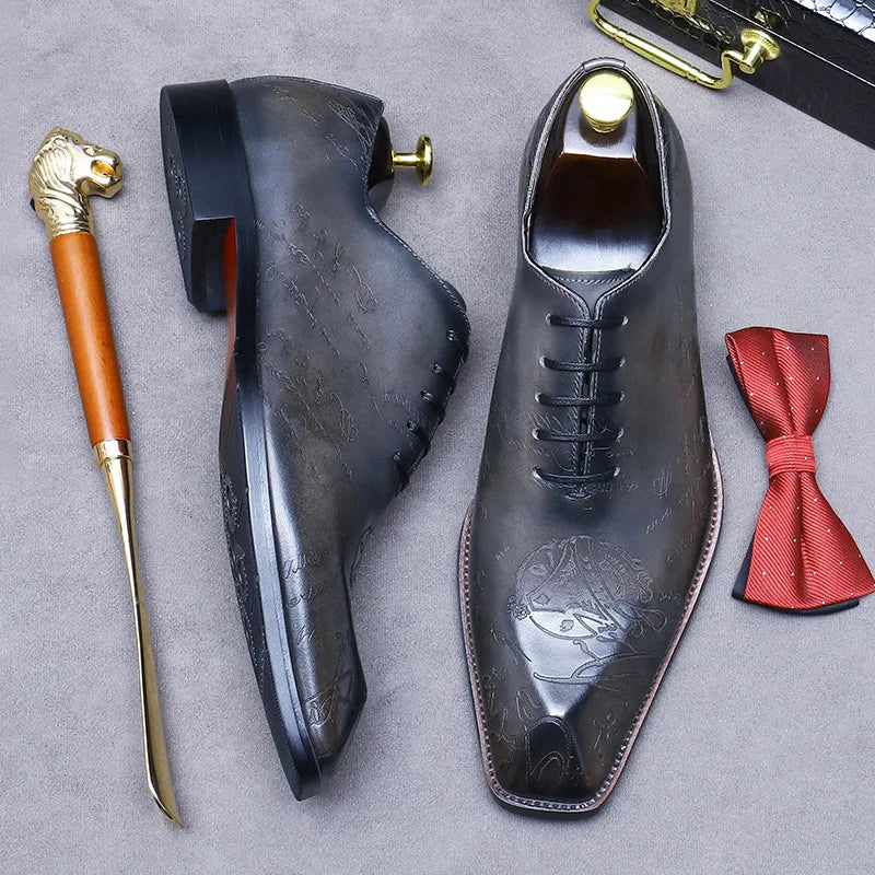 Sapato social Oxford masculino premium com gravação artística exclusiva e acabamento sofisticado de luxo