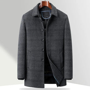 Sobretudo masculino cinza de lã premium com padrão xadrez discreto, forro térmico acolchoado removível e design elegante para inverno