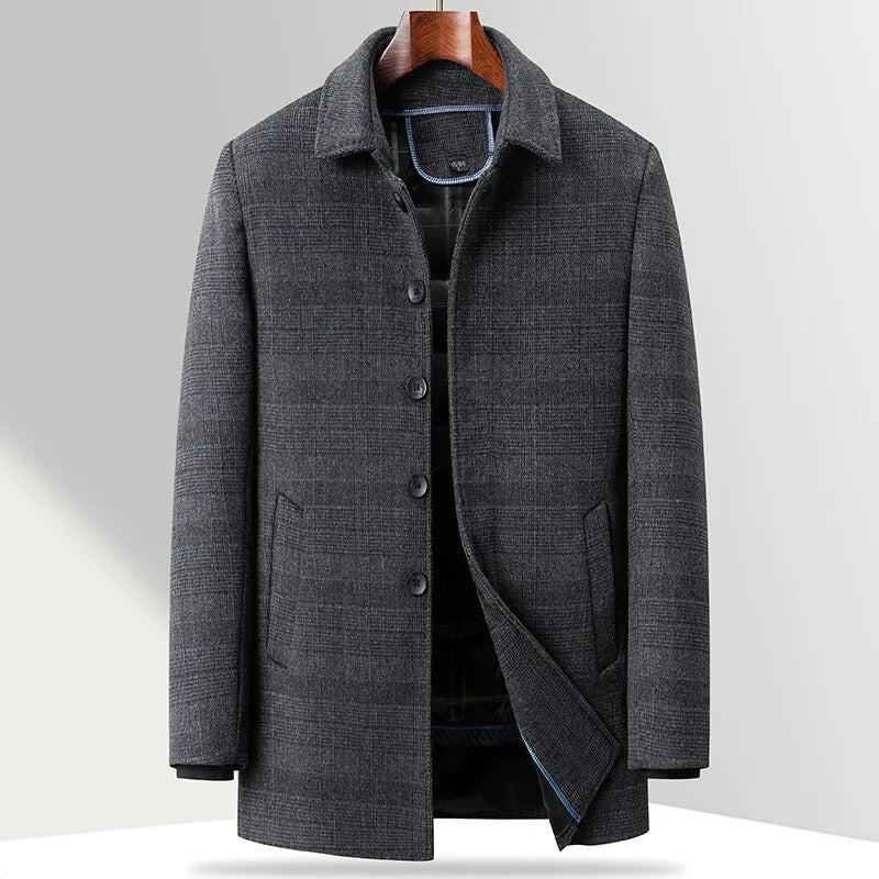 Sobretudo masculino cinza de lã premium com padrão xadrez discreto, forro térmico acolchoado removível e design elegante para inverno