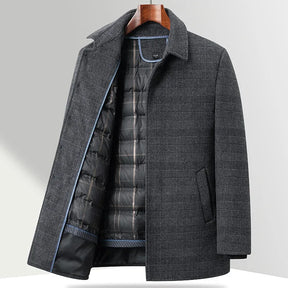 Sobretudo masculino cinza de lã premium com padrão xadrez discreto, forro térmico acolchoado removível e design elegante para inverno