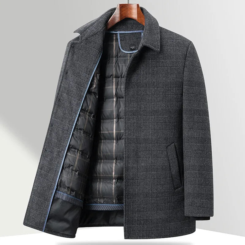 Sobretudo masculino cinza de lã premium com padrão xadrez discreto, forro térmico acolchoado removível e design elegante para inverno