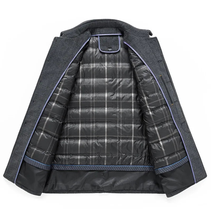 Sobretudo masculino cinza de lã premium com padrão xadrez discreto, forro térmico acolchoado removível e design elegante para inverno