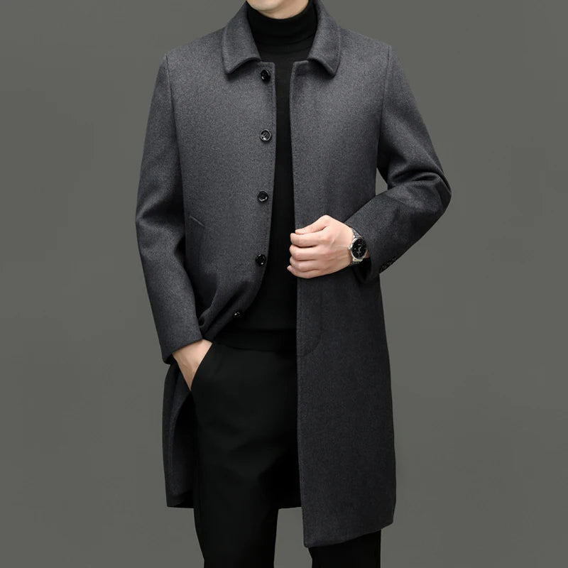 Sobretudo masculino de lã premium com fechamento frontal por botões e design elegante para inverno