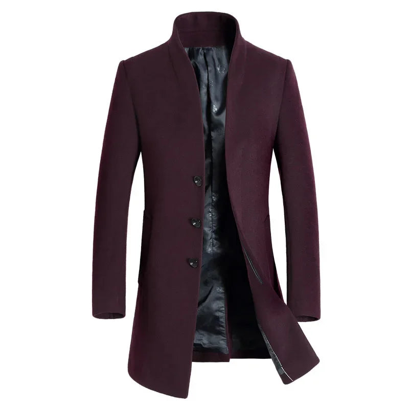 Sobretudo masculino de lã slim fit com gola padre elegante e corte alongado sofisticado para inverno