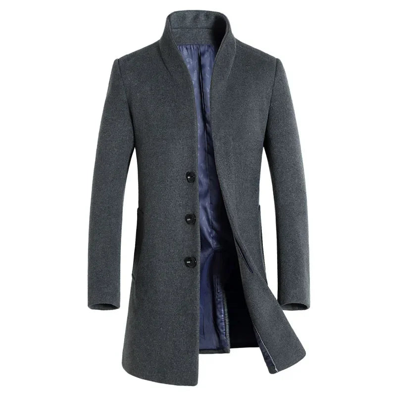 Sobretudo masculino de lã slim fit com gola padre elegante e corte alongado sofisticado para inverno