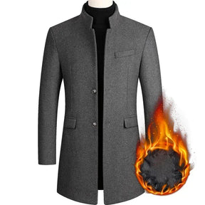 Sobretudo masculino de lã premium  com gola padre e design elegante para inverno e ocasiões sofisticadas