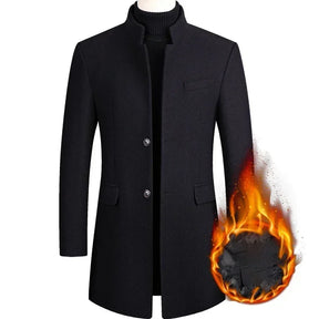 Sobretudo masculino de lã premium preto com gola padre e design elegante para inverno e ocasiões sofisticadas