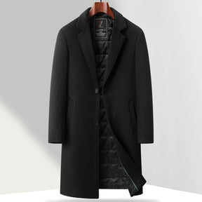 Sobretudo masculino premium com forro térmico acolchoado, fechamento frontal por botões e design executivo elegante