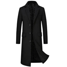Sobretudo masculino preto extra alongado de lã premium com forro térmico acolchoado e design elegante para inverno