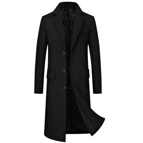 Sobretudo masculino preto extra alongado de lã premium com forro térmico acolchoado e design elegante para inverno