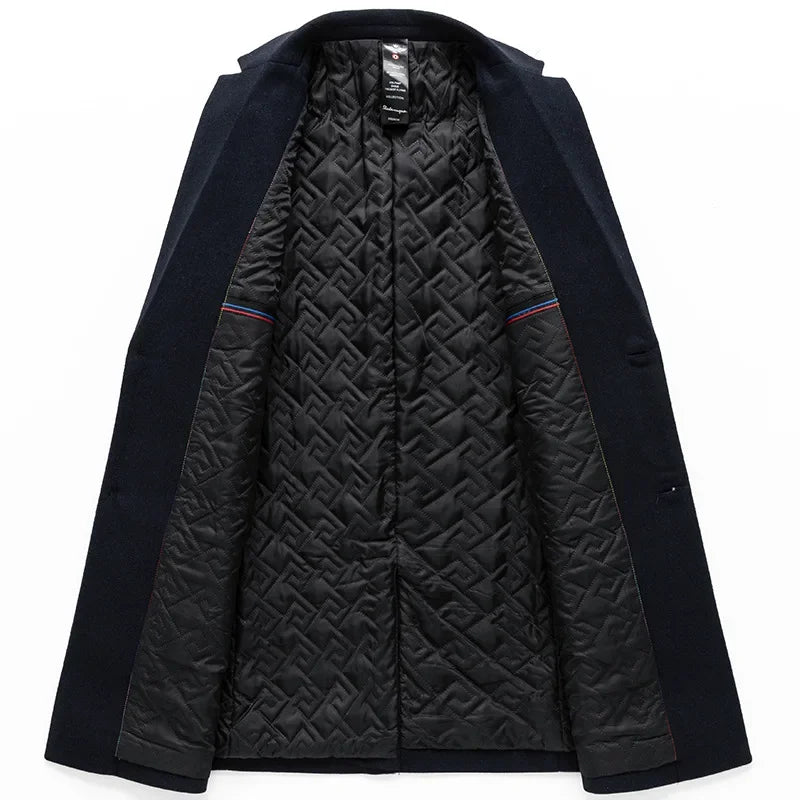 Sobretudo masculino de lã premium com forro térmico acolchoado e design elegante para inverno