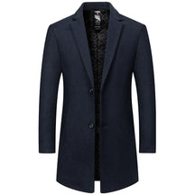 Sobretudo masculino azul-marinho de lã premium com forro térmico acolchoado e design elegante para inverno