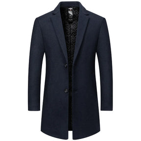 Sobretudo masculino azul-marinho de lã premium com forro térmico acolchoado e design elegante para inverno