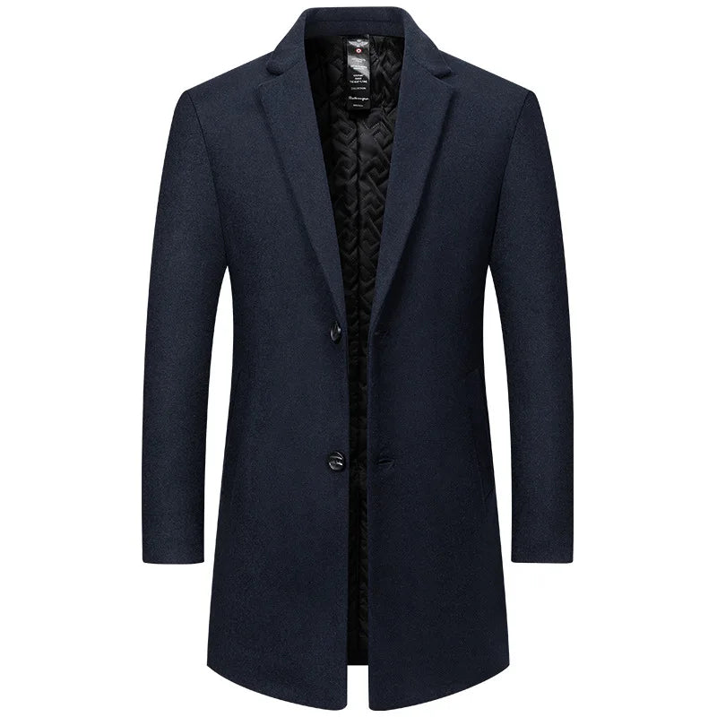 Sobretudo masculino azul-marinho de lã premium com forro térmico acolchoado e design elegante para inverno