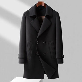 Sobretudo masculino de lã premium com fechamento transpassado duplo, acabamento sofisticado e design elegante para inverno