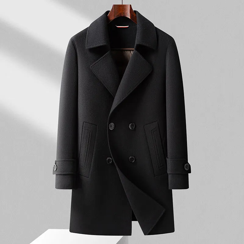 Sobretudo masculino de lã premium com fechamento transpassado duplo, acabamento sofisticado e design elegante para inverno