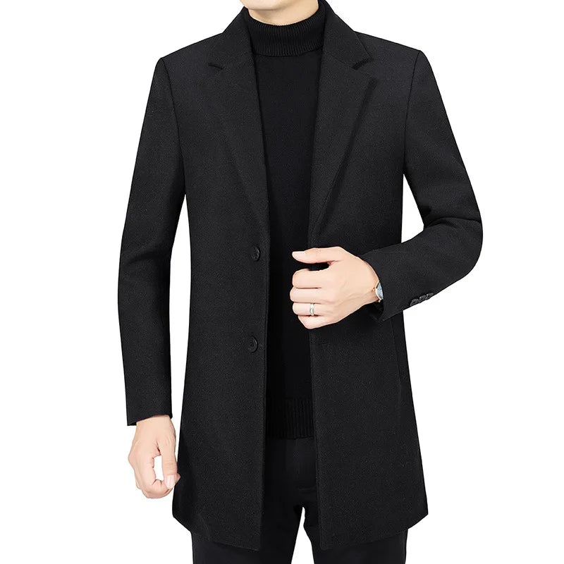 Sobretudo masculino cinza premium com design executivo elegante, fechamento frontal por botões e modelagem sofisticada para inverno